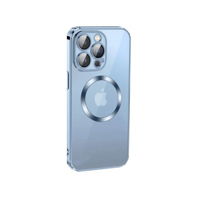 Husa iPhone 13 Pro Max, Premium MagSafe Electro, Spate Transparent, Rama Albastra